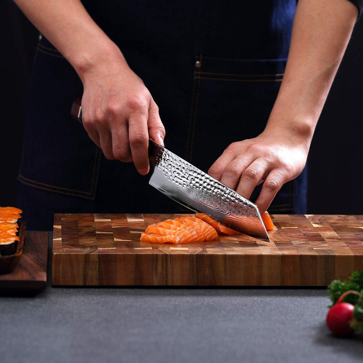 Prestige Series 9 Inch Kiritsuke Chef Knife, Japanese VG10 Damascus Steel, Double Bevel Blade with Walnut Saya, Ebony Octagonal Handle & Wooden Gift Box