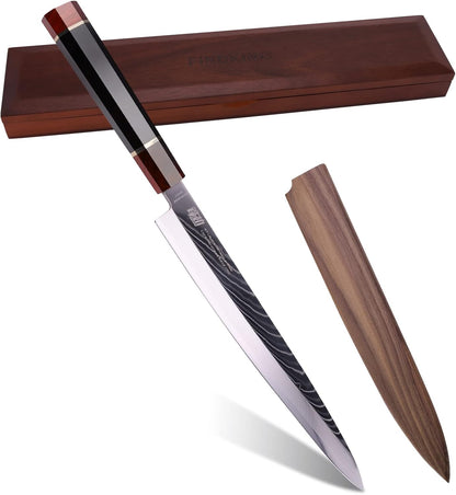 Prestige Series 9 Inch Kiritsuke Chef Knife, Japanese VG10 Damascus Steel, Double Bevel Blade with Walnut Saya, Ebony Octagonal Handle & Wooden Gift Box