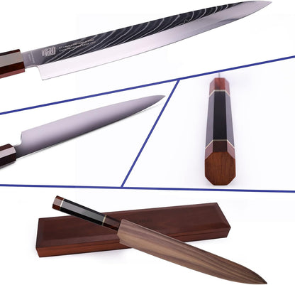 Prestige Series 9 Inch Kiritsuke Chef Knife, Japanese VG10 Damascus Steel, Double Bevel Blade with Walnut Saya, Ebony Octagonal Handle & Wooden Gift Box
