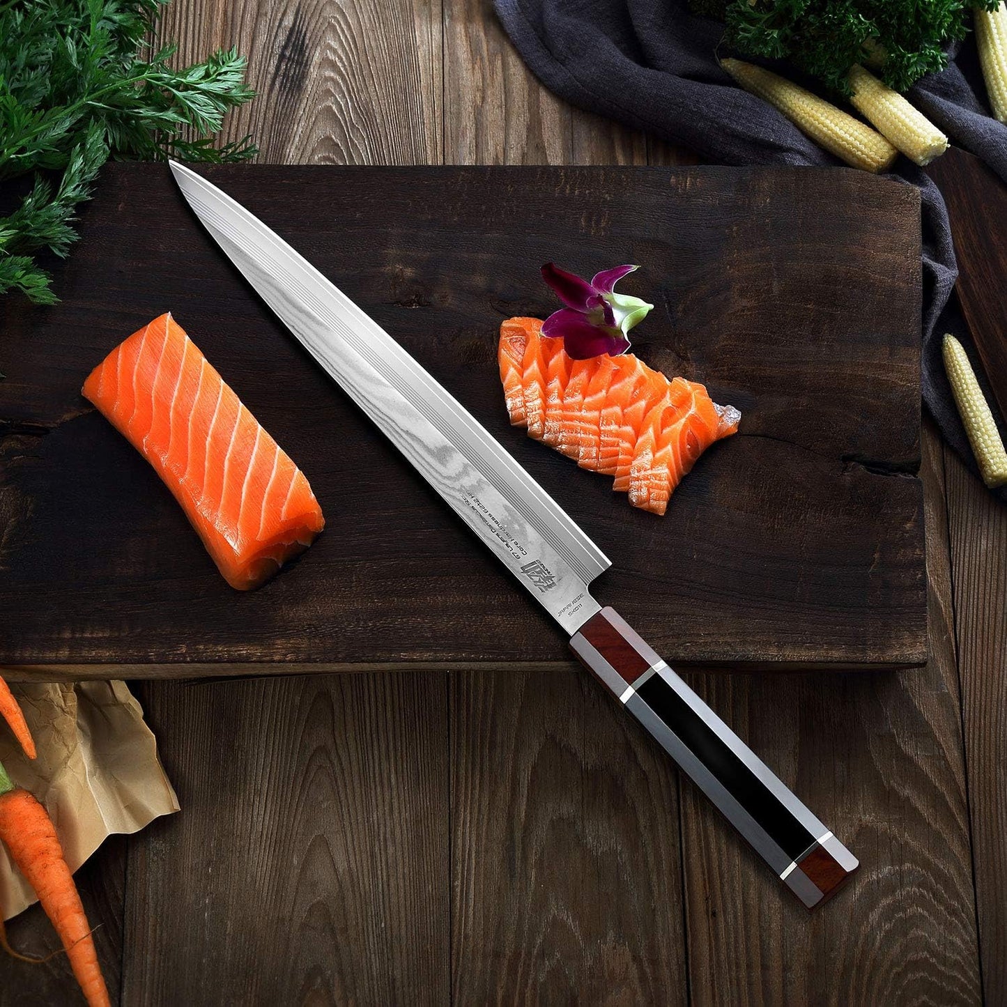 Prestige Series 9 Inch Kiritsuke Chef Knife, Japanese VG10 Damascus Steel, Double Bevel Blade with Walnut Saya, Ebony Octagonal Handle & Wooden Gift Box