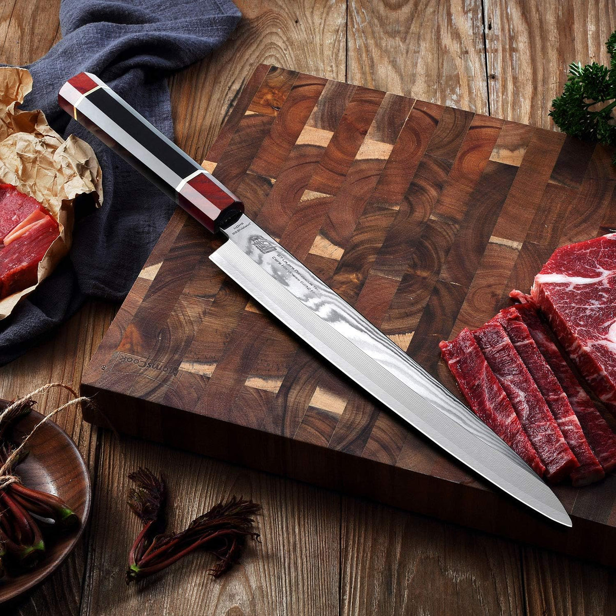 Prestige Series 9 Inch Kiritsuke Chef Knife, Japanese VG10 Damascus Steel, Double Bevel Blade with Walnut Saya, Ebony Octagonal Handle & Wooden Gift Box