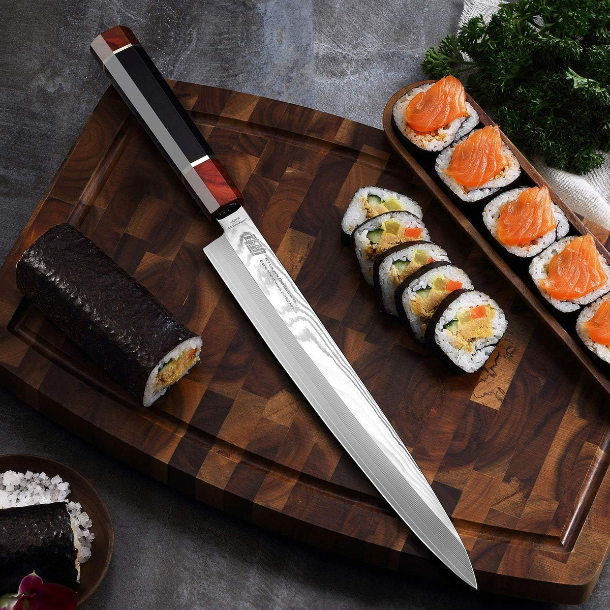 Prestige Series 9 Inch Kiritsuke Chef Knife, Japanese VG10 Damascus Steel, Double Bevel Blade with Walnut Saya, Ebony Octagonal Handle & Wooden Gift Box
