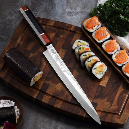 Prestige Series 9 Inch Kiritsuke Chef Knife, Japanese VG10 Damascus Steel, Double Bevel Blade with Walnut Saya, Ebony Octagonal Handle & Wooden Gift Box