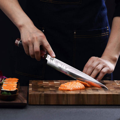 Prestige Series 9 Inch Kiritsuke Chef Knife, Japanese VG10 Damascus Steel, Double Bevel Blade with Walnut Saya, Ebony Octagonal Handle & Wooden Gift Box