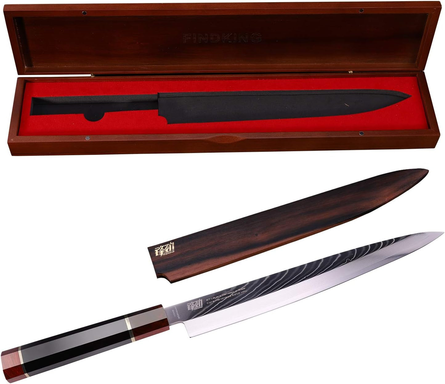 Prestige Series 9 Inch Kiritsuke Chef Knife, Japanese VG10 Damascus Steel, Double Bevel Blade with Walnut Saya, Ebony Octagonal Handle & Wooden Gift Box