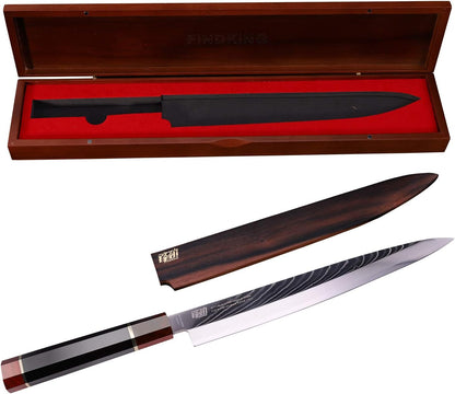 Prestige Series 9 Inch Kiritsuke Chef Knife, Japanese VG10 Damascus Steel, Double Bevel Blade with Walnut Saya, Ebony Octagonal Handle & Wooden Gift Box