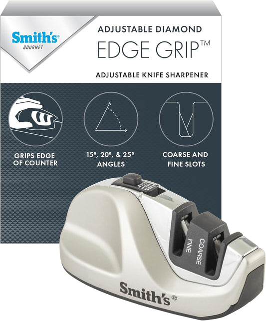 Smith's 51023 Adjustable Diamond Edge Grip Sharpener - Grey - Coarse & Fine Sharpeners - Compact - Stable Non-Slip Base – Pull Through Knife Sharpener