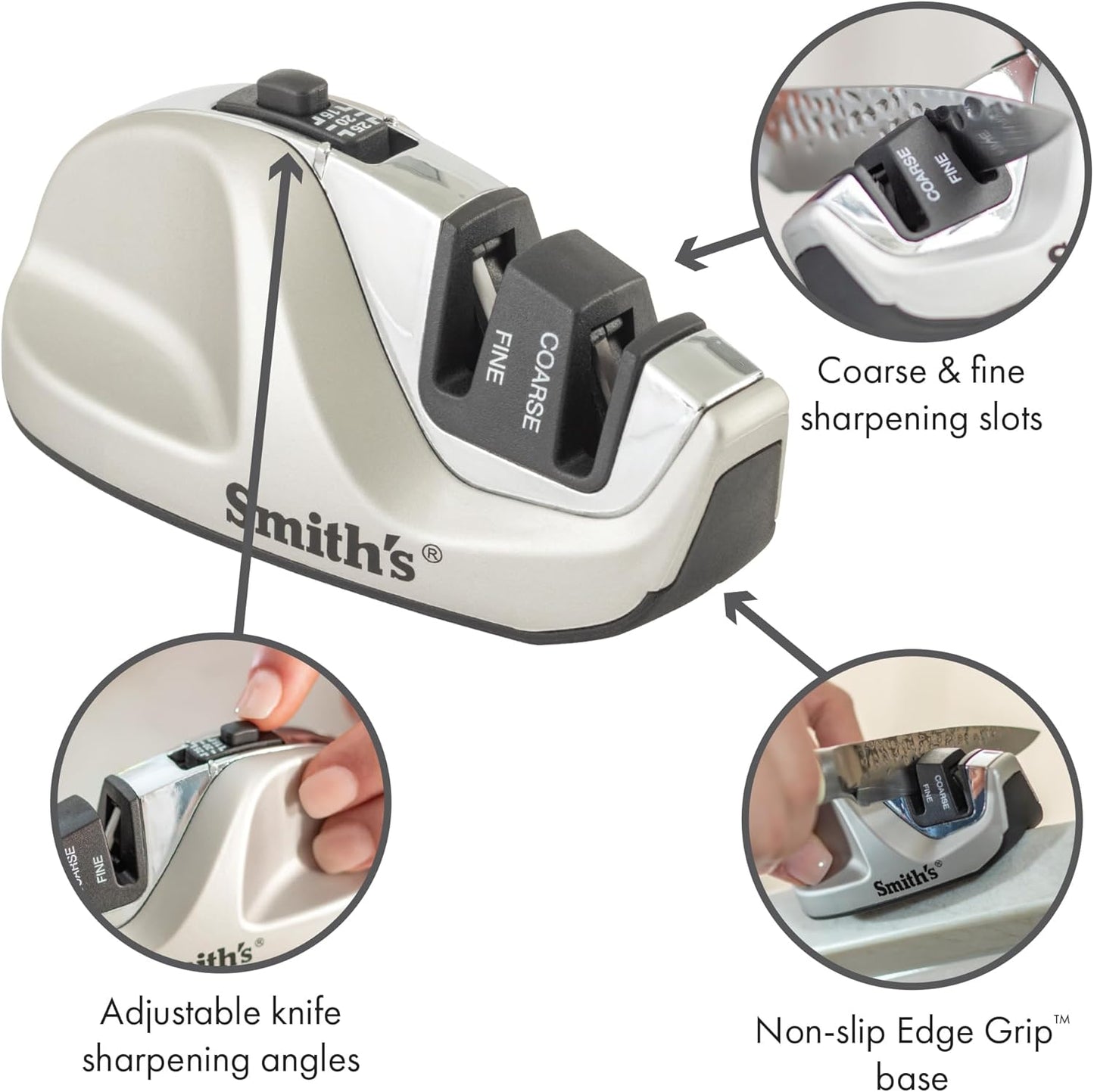 Smith's 51023 Adjustable Diamond Edge Grip Sharpener - Grey - Coarse & Fine Sharpeners - Compact - Stable Non-Slip Base – Pull Through Knife Sharpener
