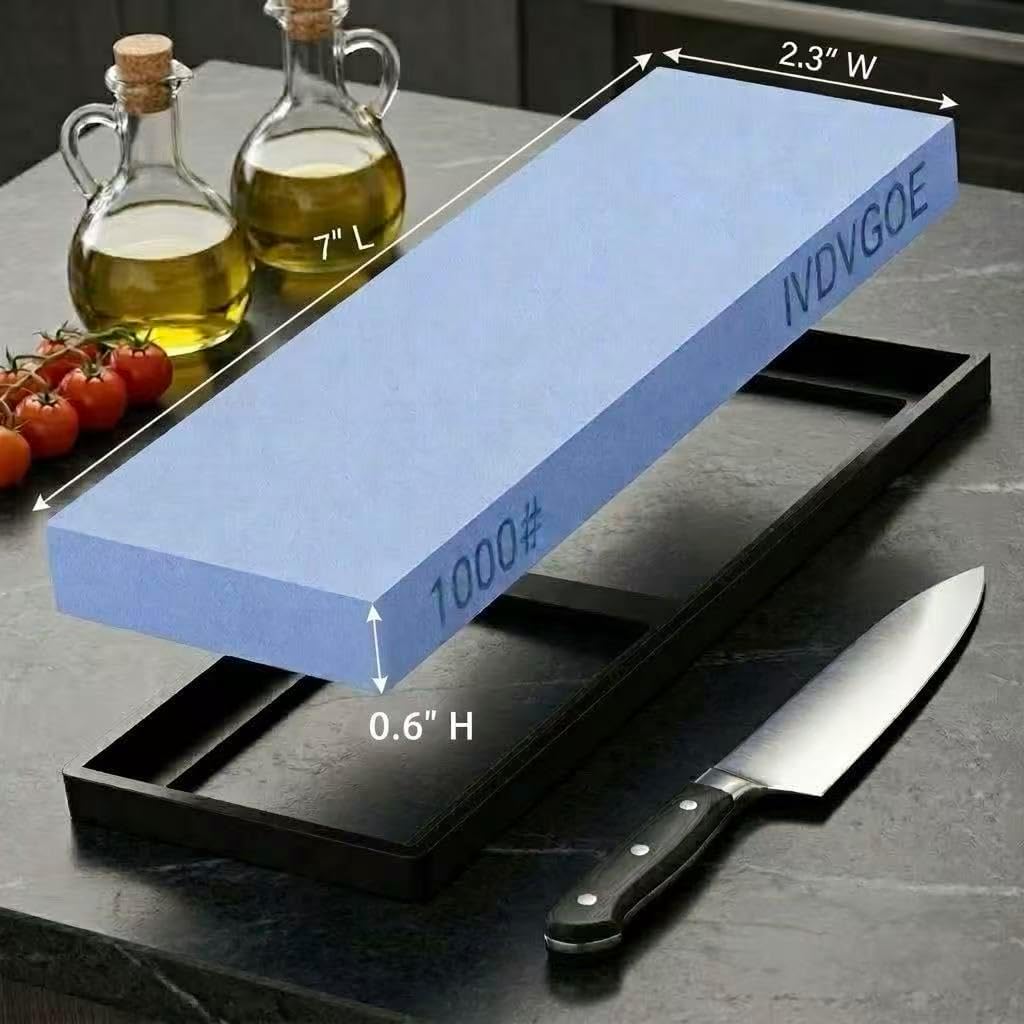 2 Non-Slip Rubber Bases Whetstone Knife Sharpener, 1000 Grit Single Water Stone, Blue Corundum (7 x 2.3 x 0.6 Inches)