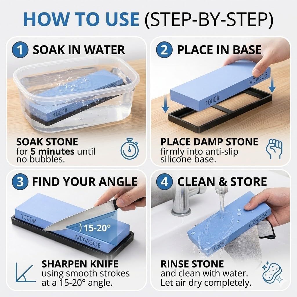 2 Non-Slip Rubber Bases Whetstone Knife Sharpener, 1000 Grit Single Water Stone, Blue Corundum (7 x 2.3 x 0.6 Inches)