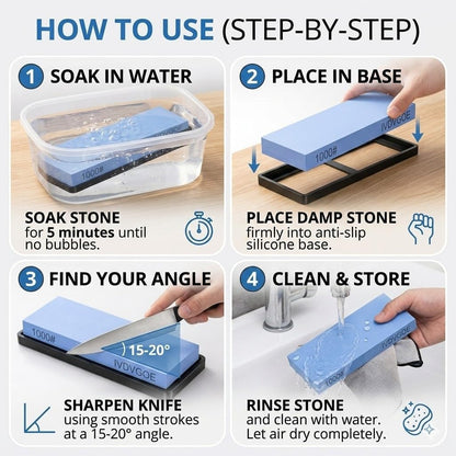 2 Non-Slip Rubber Bases Whetstone Knife Sharpener, 1000 Grit Single Water Stone, Blue Corundum (7 x 2.3 x 0.6 Inches)