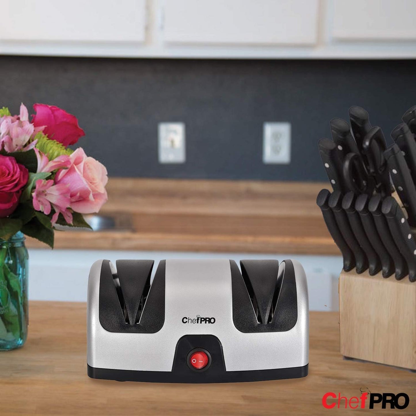 ELECTRIC KITCHEN KNIFE SHARPENER AND POLISHING SYSTEM , 2-Stage Sharpening, Compact And Easy-to-Use Design, Suction Cup Bottom and Easy Cleaning, Black-Silver