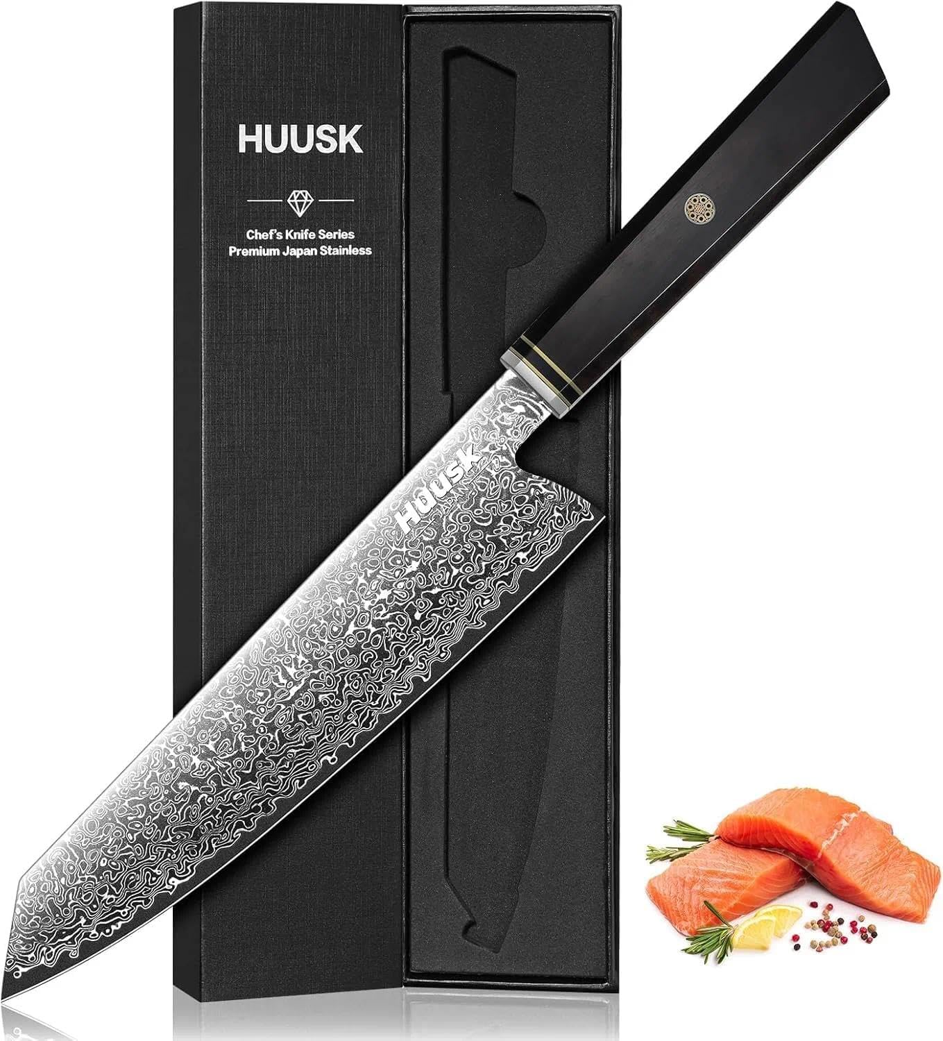 Huusk Damascus Chef Knife 8 inch - Japanese Knives with Wooden Handle | Razor Sharp Hand Forged Cooking Knife for Home Use, VG10 High-carbon Steel, Birthday Gifts for Women