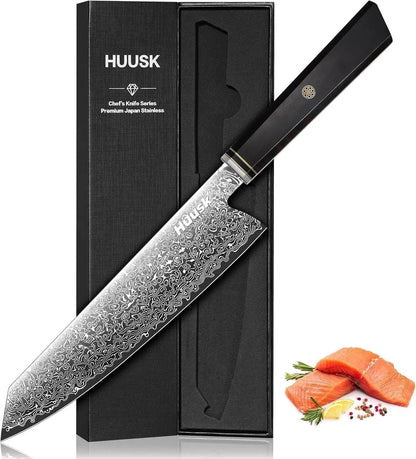 Huusk Damascus Chef Knife 8 inch - Japanese Knives with Wooden Handle | Razor Sharp Hand Forged Cooking Knife for Home Use, VG10 High-carbon Steel, Birthday Gifts for Women