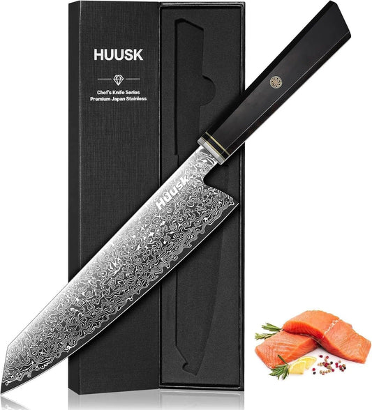 Huusk Damascus Chef Knife 8 inch - Japanese Knives with Wooden Handle | Razor Sharp Hand Forged Cooking Knife for Home Use, VG10 High-carbon Steel, Birthday Gifts for Women