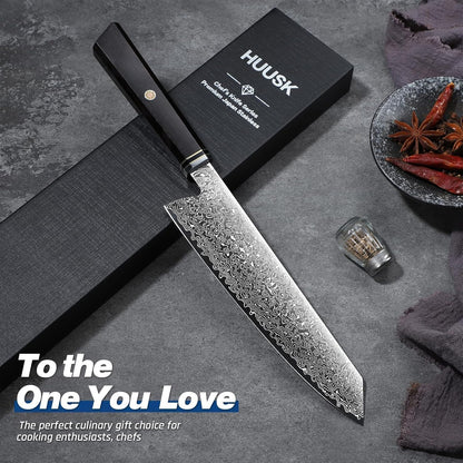 Huusk Damascus Chef Knife 8 inch - Japanese Knives with Wooden Handle | Razor Sharp Hand Forged Cooking Knife for Home Use, VG10 High-carbon Steel, Birthday Gifts for Women