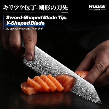 Huusk Damascus Chef Knife 8 inch - Japanese Knives with Wooden Handle | Razor Sharp Hand Forged Cooking Knife for Home Use, VG10 High-carbon Steel, Birthday Gifts for Women