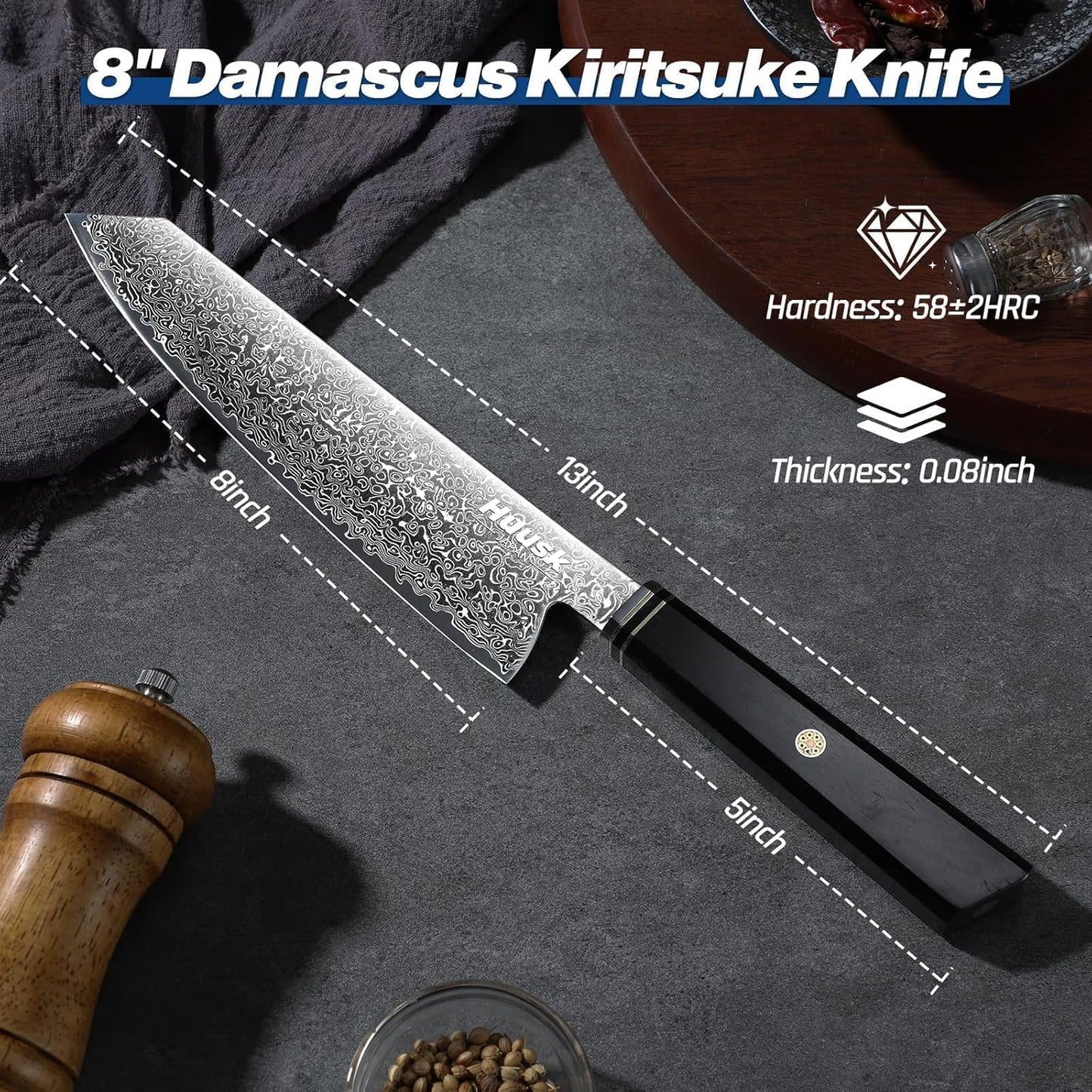 Huusk Damascus Chef Knife 8 inch - Japanese Knives with Wooden Handle | Razor Sharp Hand Forged Cooking Knife for Home Use, VG10 High-carbon Steel, Birthday Gifts for Women