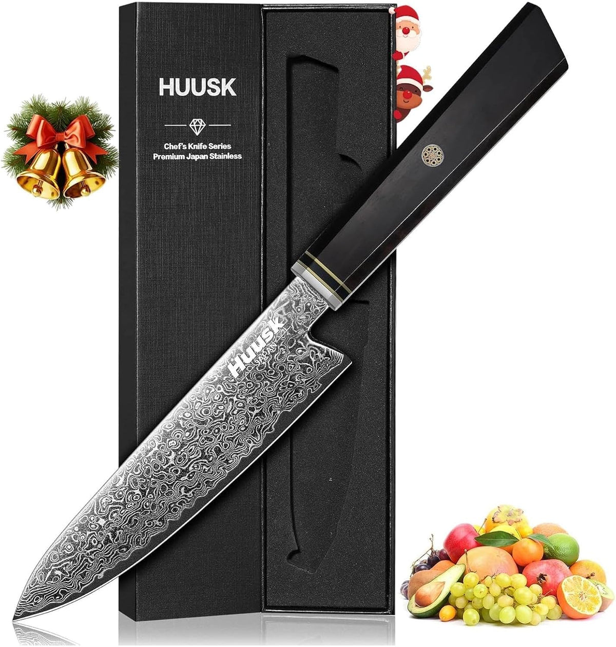Huusk Damascus Chef Knife 8 inch - Japanese Knives with Wooden Handle | Razor Sharp Hand Forged Cooking Knife for Home Use, VG10 High-carbon Steel, Birthday Gifts for Women