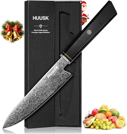 Huusk Damascus Chef Knife 8 inch - Japanese Knives with Wooden Handle | Razor Sharp Hand Forged Cooking Knife for Home Use, VG10 High-carbon Steel, Birthday Gifts for Women