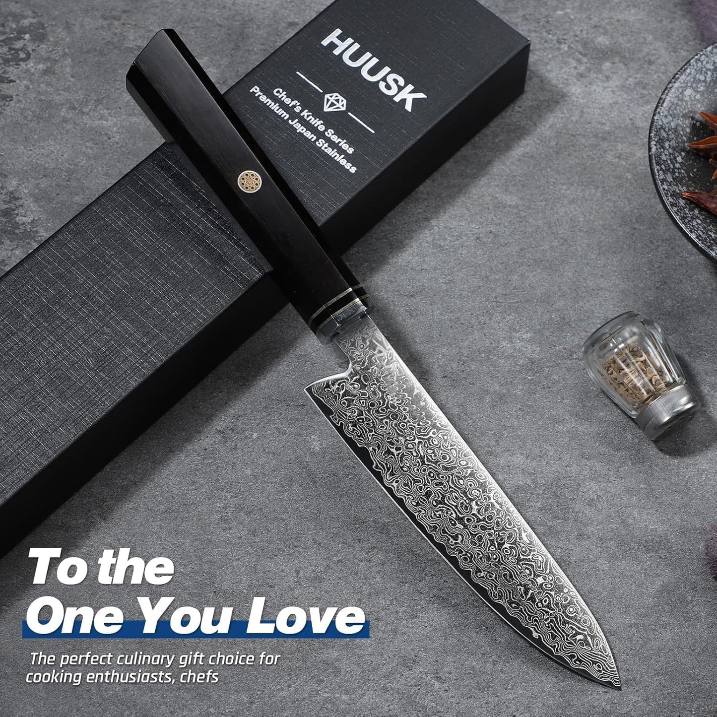 Huusk Damascus Chef Knife 8 inch - Japanese Knives with Wooden Handle | Razor Sharp Hand Forged Cooking Knife for Home Use, VG10 High-carbon Steel, Birthday Gifts for Women