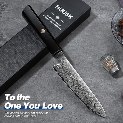 Huusk Damascus Chef Knife 8 inch - Japanese Knives with Wooden Handle | Razor Sharp Hand Forged Cooking Knife for Home Use, VG10 High-carbon Steel, Birthday Gifts for Women