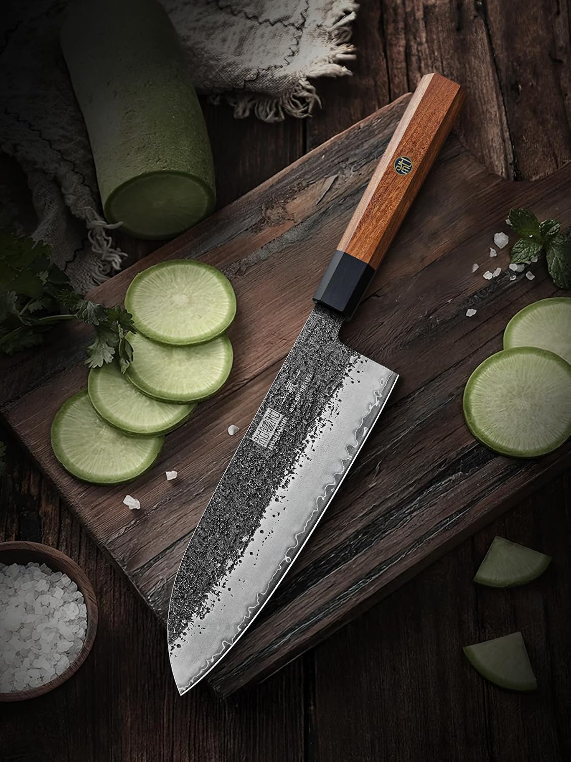 Santoku Knife 7 Inch, Japanese Hand Forged Chef Knife for Kitchen
