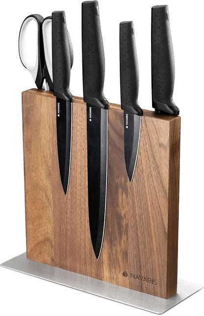 Magnetic Wooden Knife Block - Kitchen Storage with Strong Magnets for Knives & Utensils - Simple Modern Utensil Holder in Walnut Wood - 8.9" x 8.7"