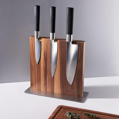 Magnetic Wooden Knife Block - Kitchen Storage with Strong Magnets for Knives & Utensils - Simple Modern Utensil Holder in Walnut Wood - 8.9" x 8.7"