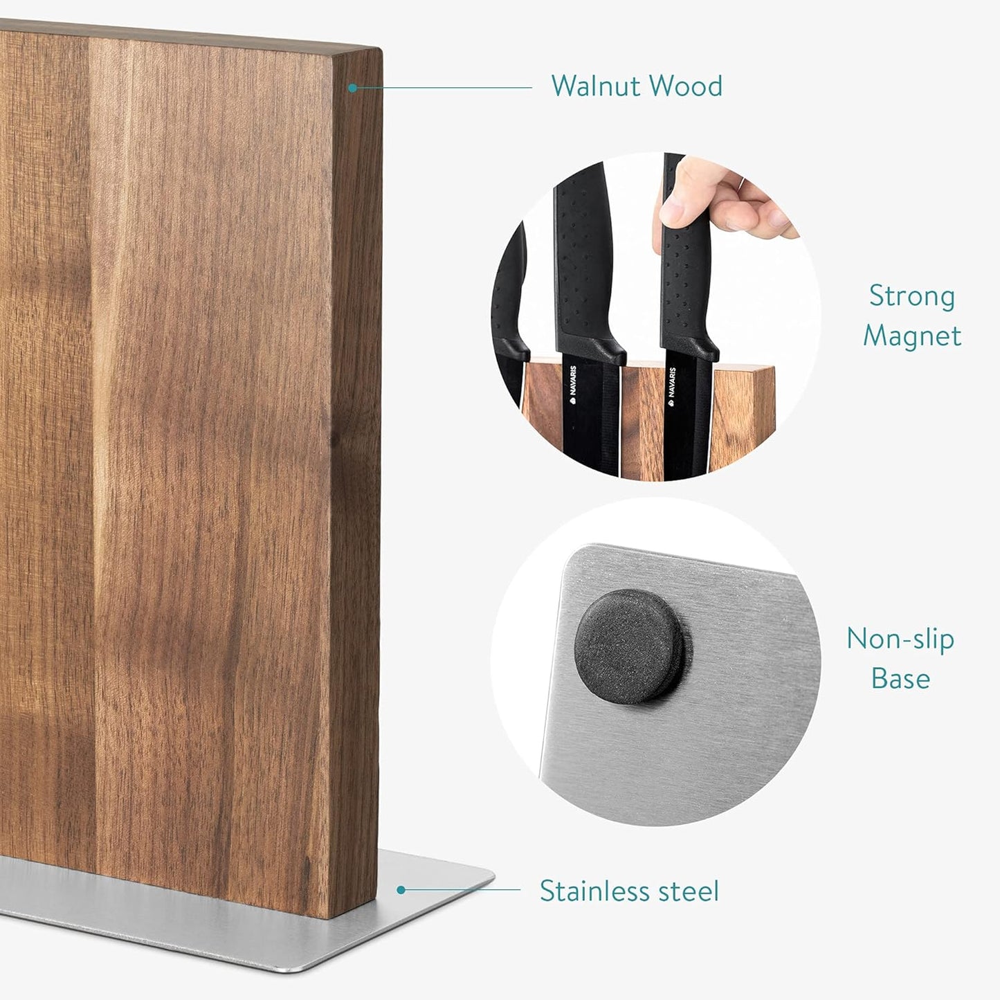 Magnetic Wooden Knife Block - Kitchen Storage with Strong Magnets for Knives & Utensils - Simple Modern Utensil Holder in Walnut Wood - 8.9" x 8.7"