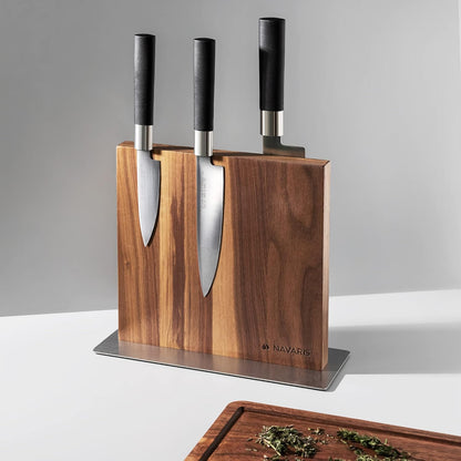 Magnetic Wooden Knife Block - Kitchen Storage with Strong Magnets for Knives & Utensils - Simple Modern Utensil Holder in Walnut Wood - 8.9" x 8.7"
