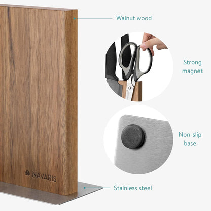 Magnetic Wooden Knife Block - Kitchen Storage with Strong Magnets for Knives & Utensils - Simple Modern Utensil Holder in Walnut Wood - 8.9" x 8.7"