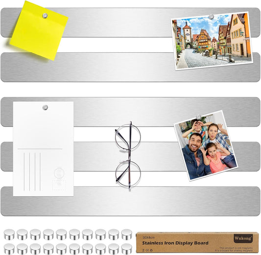 5 Pack | 30x4cm (11.81 x 1.57) Magnetic Stainless Silver Board Strips, Adhesive Backing Bulletin Bar, Memo Strip with 30pcs 5x3mm Magnets for Office, Home, Photo Wall, Documents