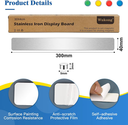 5 Pack | 30x4cm (11.81 x 1.57) Magnetic Stainless Silver Board Strips, Adhesive Backing Bulletin Bar, Memo Strip with 30pcs 5x3mm Magnets for Office, Home, Photo Wall, Documents