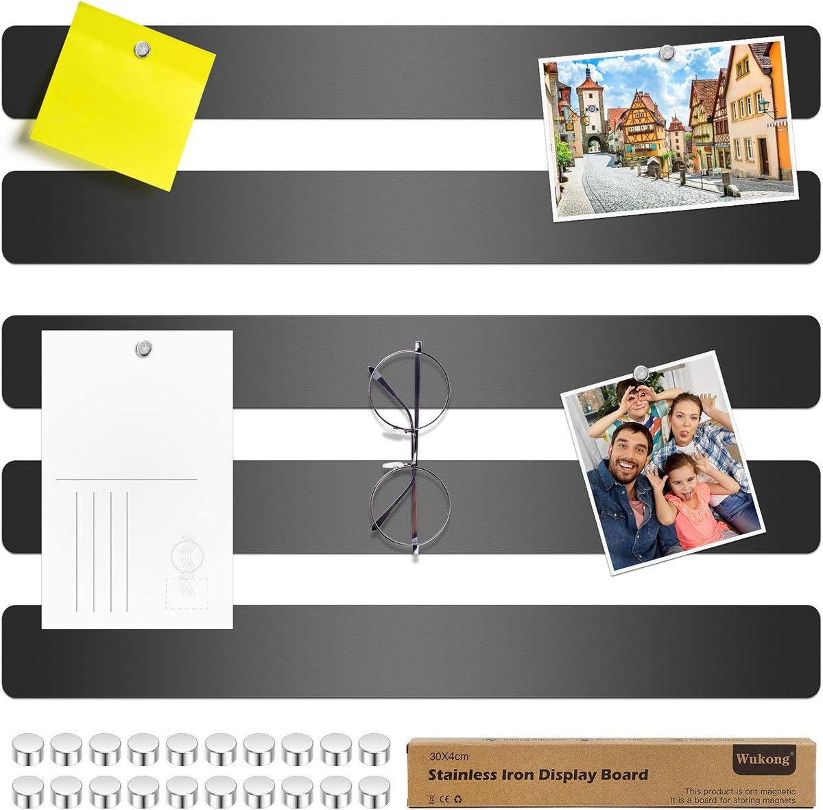 5 Pack | 30x4cm (11.81 x 1.57) Magnetic Stainless Silver Board Strips, Adhesive Backing Bulletin Bar, Memo Strip with 30pcs 5x3mm Magnets for Office, Home, Photo Wall, Documents
