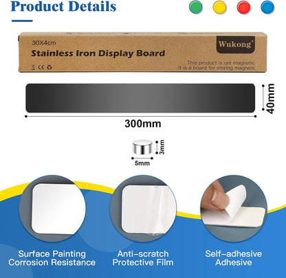 5 Pack | 30x4cm (11.81 x 1.57) Magnetic Stainless Silver Board Strips, Adhesive Backing Bulletin Bar, Memo Strip with 30pcs 5x3mm Magnets for Office, Home, Photo Wall, Documents