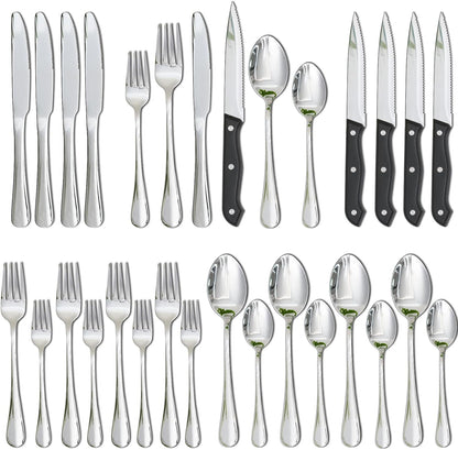 Silverware Set with Steak Knives 24-Piece Flatware Set for 4 Food-Grade Stainless Steel Cutlery Set Mirror Polished Utensils Set Include Spoons and Forks for Home Kitchen Restaurant