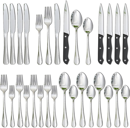 Silverware Set with Steak Knives 24-Piece Flatware Set for 4 Food-Grade Stainless Steel Cutlery Set Mirror Polished Utensils Set Include Spoons and Forks for Home Kitchen Restaurant