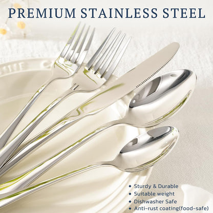 Silverware Set with Steak Knives 24-Piece Flatware Set for 4 Food-Grade Stainless Steel Cutlery Set Mirror Polished Utensils Set Include Spoons and Forks for Home Kitchen Restaurant