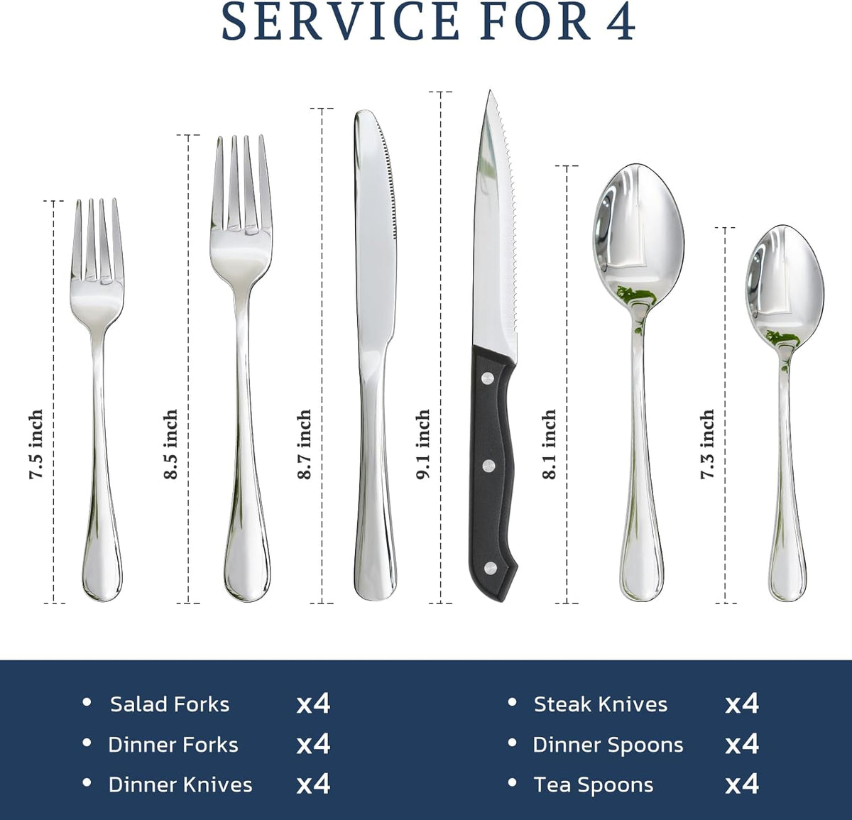Silverware Set with Steak Knives 24-Piece Flatware Set for 4 Food-Grade Stainless Steel Cutlery Set Mirror Polished Utensils Set Include Spoons and Forks for Home Kitchen Restaurant