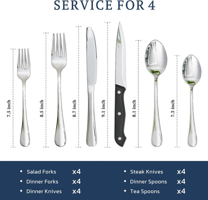 Silverware Set with Steak Knives 24-Piece Flatware Set for 4 Food-Grade Stainless Steel Cutlery Set Mirror Polished Utensils Set Include Spoons and Forks for Home Kitchen Restaurant