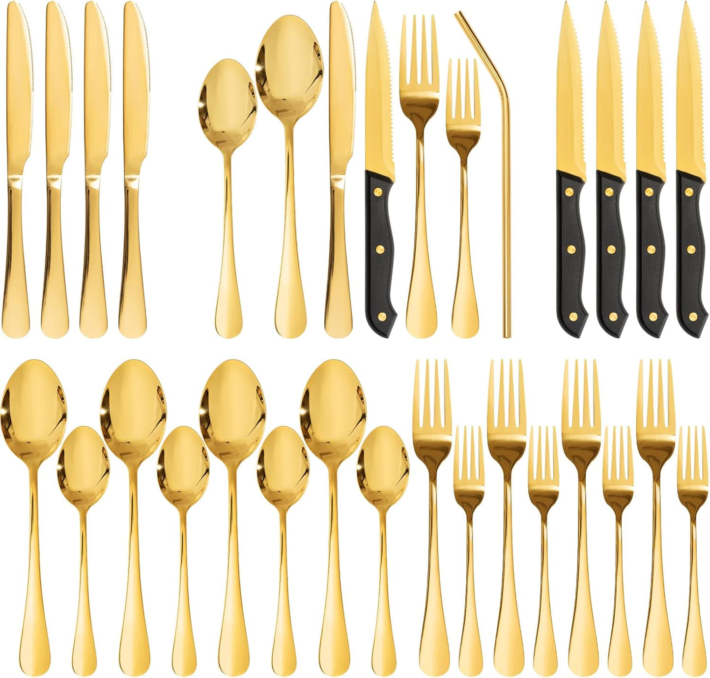 Silverware Set with Steak Knives 24-Piece Flatware Set for 4 Food-Grade Stainless Steel Cutlery Set Mirror Polished Utensils Set Include Spoons and Forks for Home Kitchen Restaurant