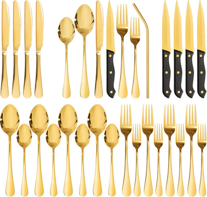 Silverware Set with Steak Knives 24-Piece Flatware Set for 4 Food-Grade Stainless Steel Cutlery Set Mirror Polished Utensils Set Include Spoons and Forks for Home Kitchen Restaurant