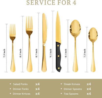 Silverware Set with Steak Knives 24-Piece Flatware Set for 4 Food-Grade Stainless Steel Cutlery Set Mirror Polished Utensils Set Include Spoons and Forks for Home Kitchen Restaurant