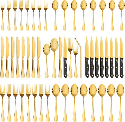 Silverware Set with Steak Knives 24-Piece Flatware Set for 4 Food-Grade Stainless Steel Cutlery Set Mirror Polished Utensils Set Include Spoons and Forks for Home Kitchen Restaurant