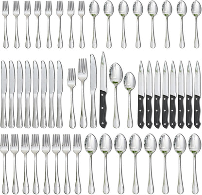 Silverware Set with Steak Knives 24-Piece Flatware Set for 4 Food-Grade Stainless Steel Cutlery Set Mirror Polished Utensils Set Include Spoons and Forks for Home Kitchen Restaurant