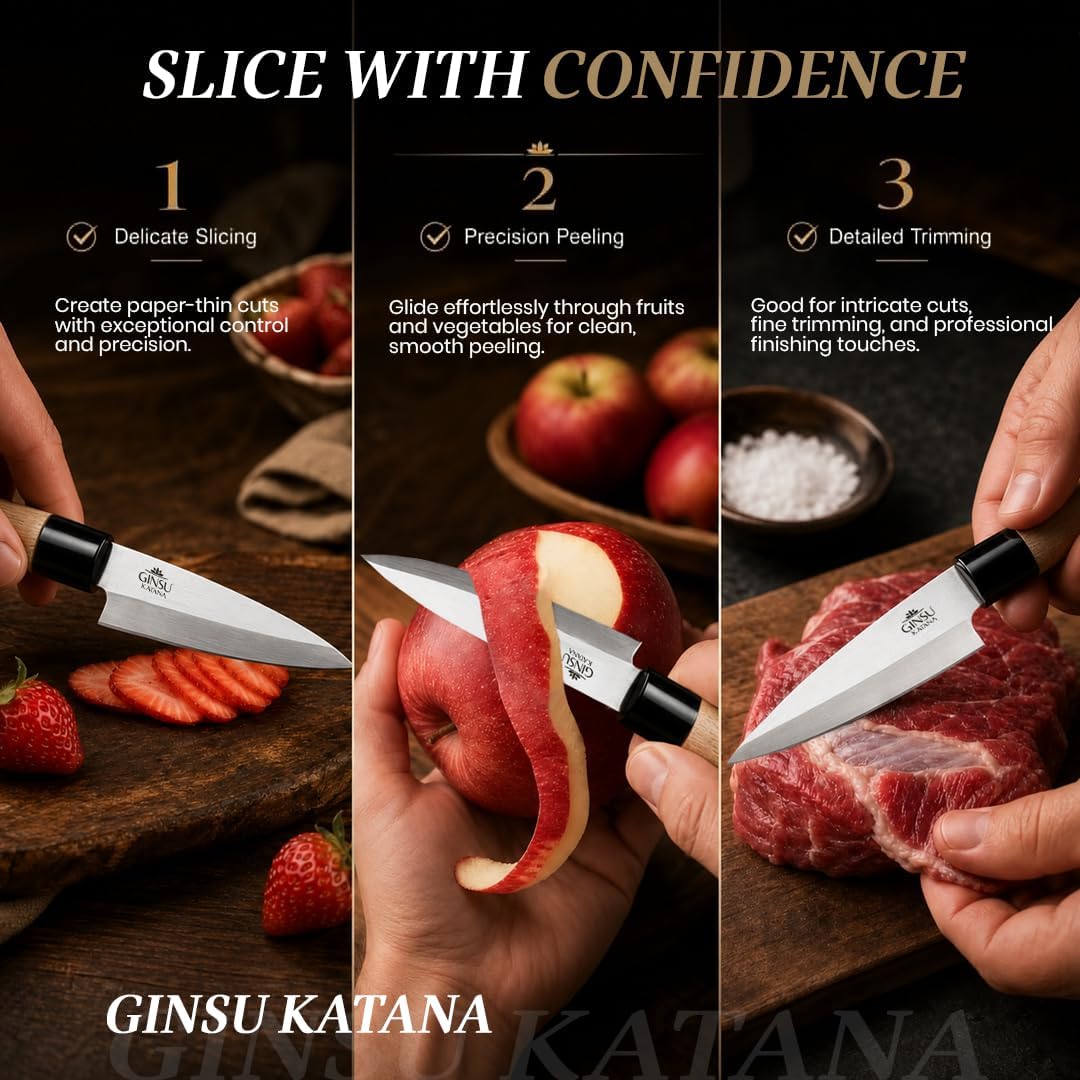 Japanese Petty Knife 3.9" – 420J2 Stainless Steel Paring Knife with Wood Handle for Fruit, Vegetable & Meat Preparation | Sharp paring knife with a durable stainless steel blade and wood handle for trimming, peeling, and precision cutting.