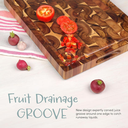 Acacia End Grain Cutting Board (17x13x1.5in), Butcher Block - Reversible Multipurpose Chopping Board with Juice Groove, Cracker Holder & Inner Handles