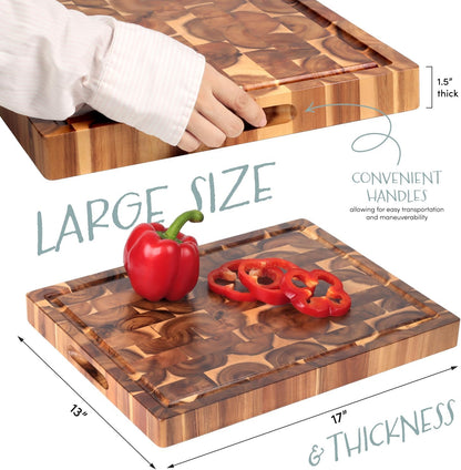 Acacia End Grain Cutting Board (17x13x1.5in), Butcher Block - Reversible Multipurpose Chopping Board with Juice Groove, Cracker Holder & Inner Handles