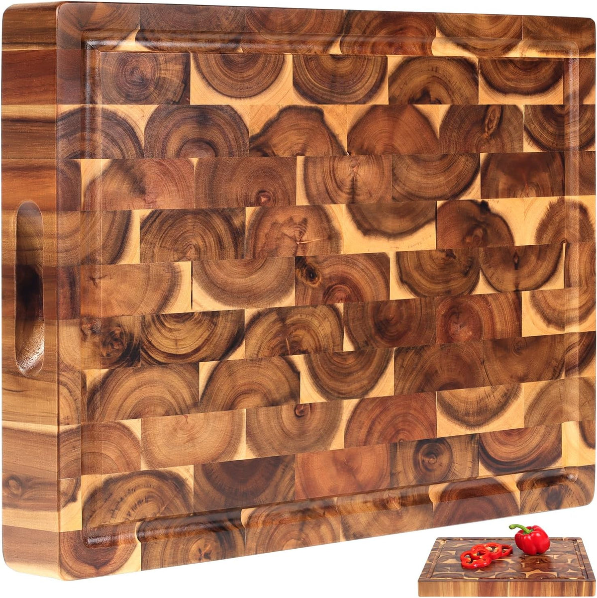 Acacia End Grain Cutting Board (17x13x1.5in), Butcher Block - Reversible Multipurpose Chopping Board with Juice Groove, Cracker Holder & Inner Handles